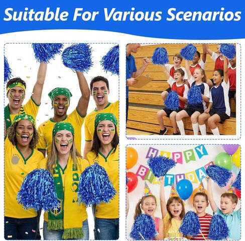 60 Pcs Blue Cheerleading Pom Poms, Metallic Foil with Plastic Baton Handles for Cheering Squad Sports Party Dance Performance in Saudi Arabia