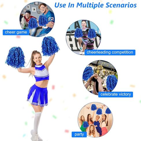 60 Pcs Blue Cheerleading Pom Poms, Metallic Foil with Plastic Baton Handles for Cheering Squad Sports Party Dance Performance in Saudi Arabia