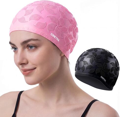 قبعة سباحة للسيدات مكونة من قطعتين للشعر الطويل، قبعات سباحة للبالغين من السيليكون على شكل زهرة مقاومة للماء للفتيات والشباب بدون شعر مبلل in Kuwait