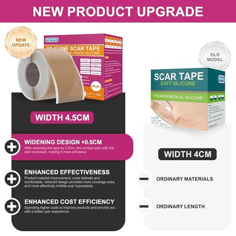 صفائح ندبة من السيليكون، شريط ندبات من السيليكون الطبي للندبات الجراحية، شريط سيليكون بعرض 1.77 بوصة × 120 بوصة، شريط سيليكون أوسع 3 أمتار لندبات الجدرة، الضخامية، القسم القيصري، شد البطن، بقع الجراحة وندبات الحروق in Kuwait