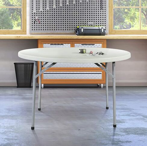 PRO&Family 48 Inches / 120 cm White Folding Table 4 Ft Round Folding Table Folding Table White Granite Kitchen Table Foldable Table Folding Desk Granite Outdoor Table Plastic Card Table in Kuwait