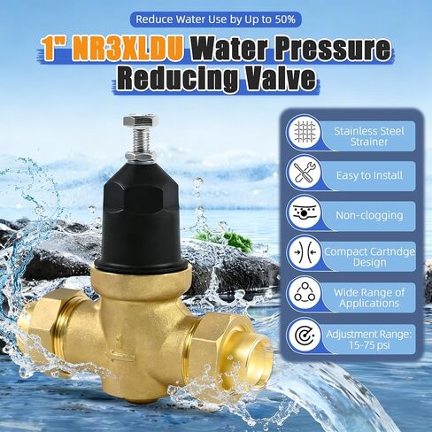 صمام تخفيض ضغط المياه 1 بوصة NR3XLDU، 1 بوصة NR3XL مع وصلة FNPT مزدوجة الاتحاد، للاستخدام المنزلي والتجاري، منظم للاستخدام المنزلي، مصفاة مدمجة، 1-NR3XLDU قابلة للتعديل 15-75 رطل لكل بوصة مربعة in Kuwait