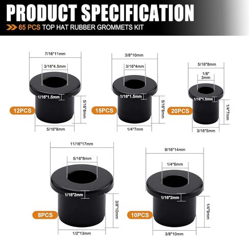 mankk 65PCS Top Hat Rubber Grommets Kit 5 Size (13/16" 1/4" 5/16" 3/8" 1/2") Drill Hole Firewall Silicone Plug T-Type Hole Grommet for Protecting Cable Wire in Saudi Arabia