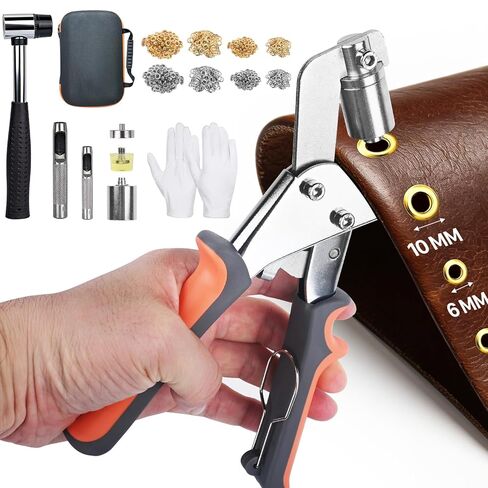 Heavy Duty Grommet Tool Kit, 600Piece 3/8 Inch (10mm)，1/4 Inch(6mm) Metal Eyelets in Gold and Silver, with Pliers, Gloves，Punch, Hammer,Leather, Canvas, Tarp, Shoes，Clothes， Belt (Orange-Grey) in Kuwait