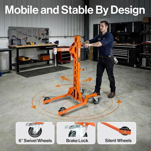 Superhandy Portable Hydraulic Crane Lift, Tool-Free Disassembly, Foot Pedal Operation, 6-Inch PU Wheels with Brakes, No Power Required, for Trucks, Garages & Workshops in Kuwait