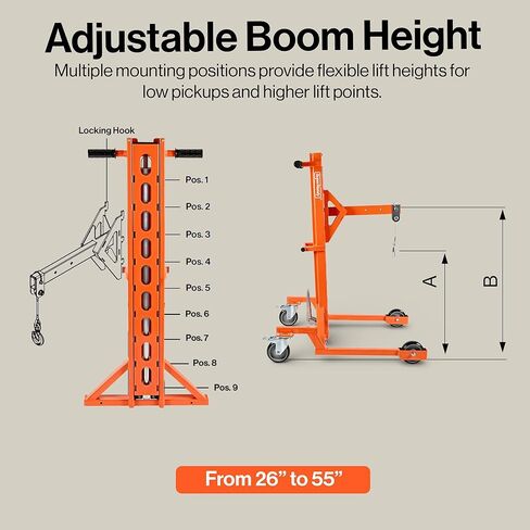 Superhandy Portable Hydraulic Crane Lift, Tool-Free Disassembly, Foot Pedal Operation, 6-Inch PU Wheels with Brakes, No Power Required, for Trucks, Garages & Workshops in Kuwait