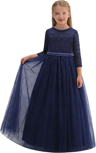 Flower Girl Dress Vintage Floral Lace 3/4 Sleeves Wedding Formal Dress Pageant Birthday Party Tulle Pearls Ball Gowns in Kuwait