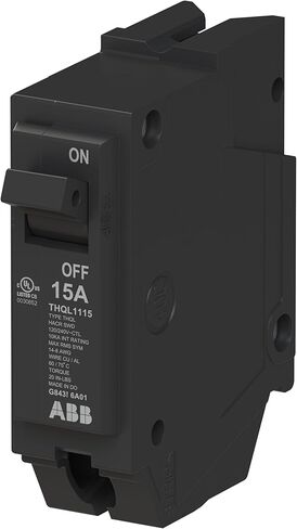 ABB Q-Line® THQL1115 Circuit Breaker • 15 Amp Single-Pole Breaker • 120/240 VAC • 10 kAIC Interrupt Rating • Thermal Magnetic Plug-On Breaker for Load Centers in Saudi Arabia