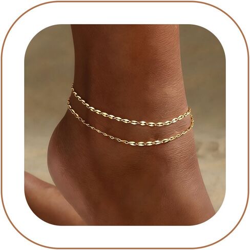 Gold Ankle Bracelets for Women,14K Gold Plated Layered Sparkling Heart-shaped Waterproof Anklets, Lightweight Cuban Links Figaro Chains Summer Beach Everday Jewelry Gifts for Woman in Kuwait