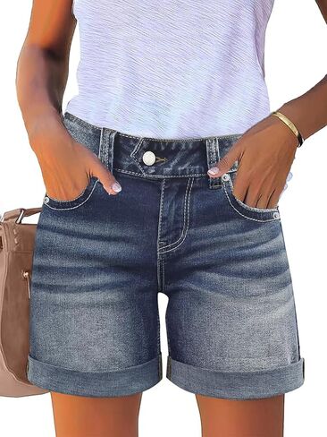 Flamingals Mid Rise Denim Shorts for Women Stretchy Distressed Bermuda Folded Hem Summer Trendy Casual Jean Shorts in Saudi Arabia