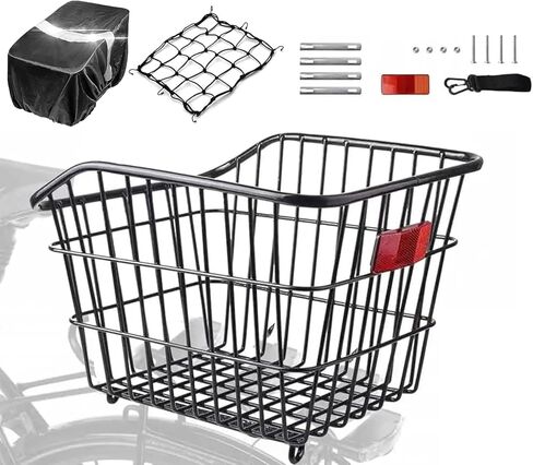 Large Rear Bike Basket - 55LB Heavy Duty Metal Cargo Crate for E-Bike and Cruiser - Anti-Rattle Iron Wire Mesh with Waterproof Cover Liner and Cargo Net - 15 x 11.5 x 10 Inches in Kuwait