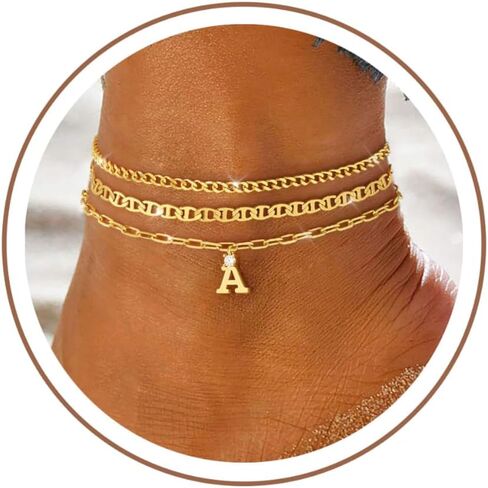 KOHOTA Initial Gold Ankle Bracelets for Women Waterproof 14K Gold Plated Anklets for Women Non Tarnish CZ Letter A-Z Dainty Layered Anklet Trendy Adjustable Foot Chain Set Summer Beach Jewelry Gifts in Kuwait