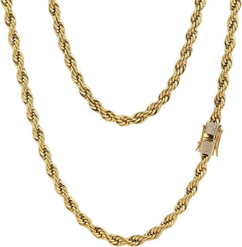 قلادة سلسلة حبل مطلية بالذهب 6 مم مع حقيبة سفر للتخزين الحصرية، قطع ألماس مطلية بالذهب الحقيقي عيار 18 قيراط وقلادة سلسلة ألماس تشيكوسلوفاكيا للرجال والنساء 18/20/22/24 بوصة in Kuwait