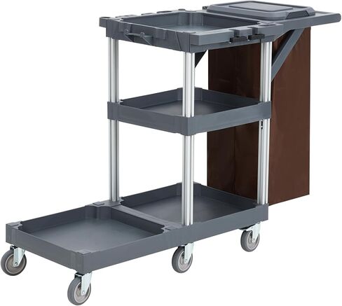 Commercial Traditional Cleaning Janitorial 3-Shelf Cart on Wheels, 300 Lbs Capacity Housekeeping Cart, Wheeled with 25 Gallon Zippered VinylBag and Cover w Lid, Heavy-Duty in Saudi Arabia