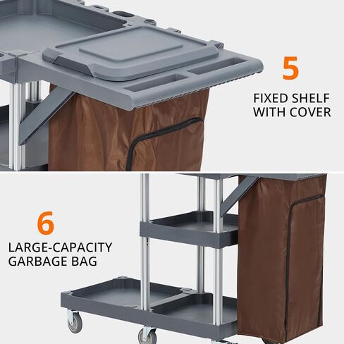 Commercial Traditional Cleaning Janitorial 3-Shelf Cart on Wheels, 300 Lbs Capacity Housekeeping Cart, Wheeled with 25 Gallon Zippered VinylBag and Cover w Lid, Heavy-Duty in Saudi Arabia