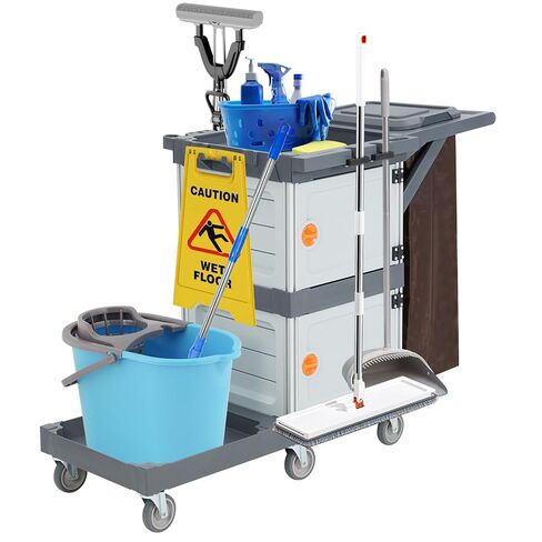 Commercial Janitorial Cart with 2 Cabinet - Black Housekeeping Caddy with Cover, Shelves, and Vinyl Bag in Saudi Arabia