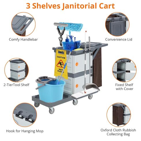 Commercial Janitorial Cart with 2 Cabinet - Black Housekeeping Caddy with Cover, Shelves, and Vinyl Bag in Saudi Arabia