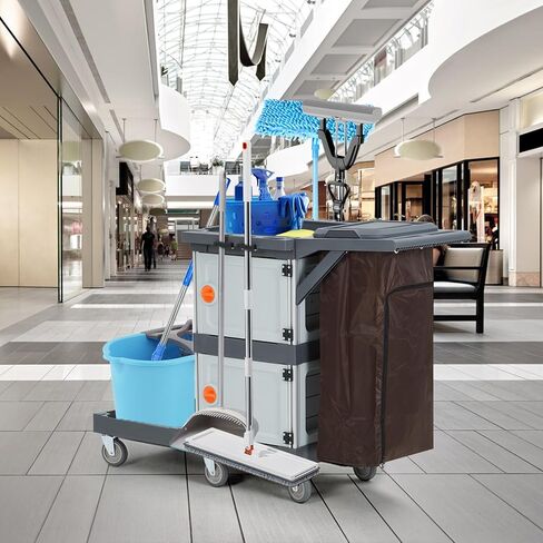 Commercial Janitorial Cart with 2 Cabinet - Black Housekeeping Caddy with Cover, Shelves, and Vinyl Bag in Saudi Arabia