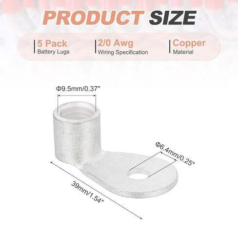 MECCANIXITY 2/0 AWG - 1/4" Copper Wire Lugs, 90 Degree Bent Battery Cable Ends Battery Lugs Ring Terminals Connectors Bare Copper Eyelet for Marine Electrical Supplies (Silver, 2Pcs) in Saudi Arabia