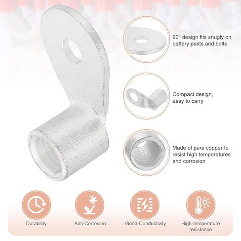 MECCANIXITY 2/0 AWG - 1/4" Copper Wire Lugs, 90 Degree Bent Battery Cable Ends Battery Lugs Ring Terminals Connectors Bare Copper Eyelet for Marine Electrical Supplies (Silver, 2Pcs) in Saudi Arabia