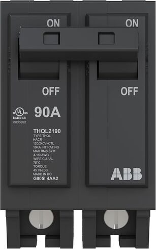 ABB Q-Line® THQL2190 Circuit Breaker • 90 Amp Double-Pole Breaker • 120/240 VAC • 10 kAIC Interrupt Rating • Thermal Magnetic Plug-On Breaker for Load Centers in Saudi Arabia