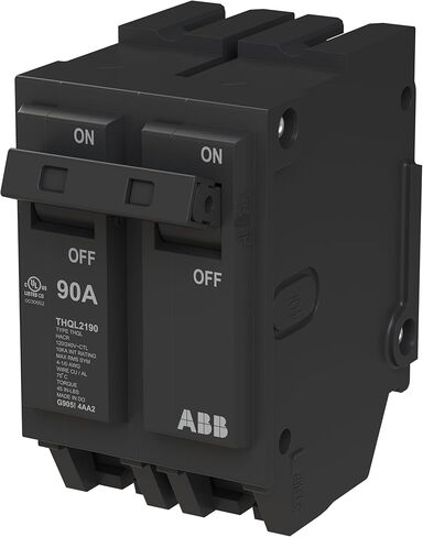 ABB Q-Line® THQL2190 Circuit Breaker • 90 Amp Double-Pole Breaker • 120/240 VAC • 10 kAIC Interrupt Rating • Thermal Magnetic Plug-On Breaker for Load Centers in Saudi Arabia