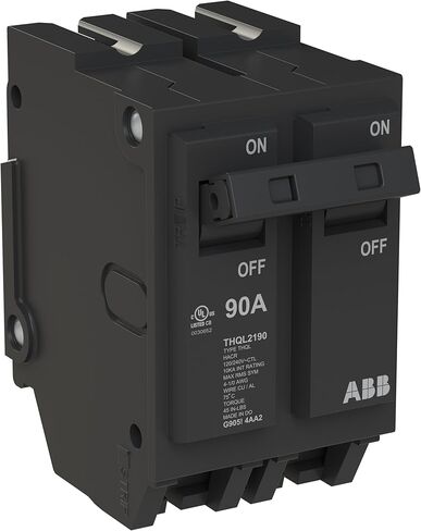 ABB Q-Line® THQL2190 Circuit Breaker • 90 Amp Double-Pole Breaker • 120/240 VAC • 10 kAIC Interrupt Rating • Thermal Magnetic Plug-On Breaker for Load Centers in Saudi Arabia