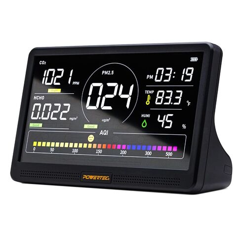 شاشة مراقبة جودة الهواء POWERTEC AD1001 مع شاشة LCD مقاس 7 بوصات - مستشعرات متعددة لثاني أكسيد الكربون، PM2.5، PM10، HCHO، كاشف TVOC، مستشعرات NDIR، مراقب هواء داخلي/ورشة عمل قابل لإعادة الشحن in Saudi Arabia