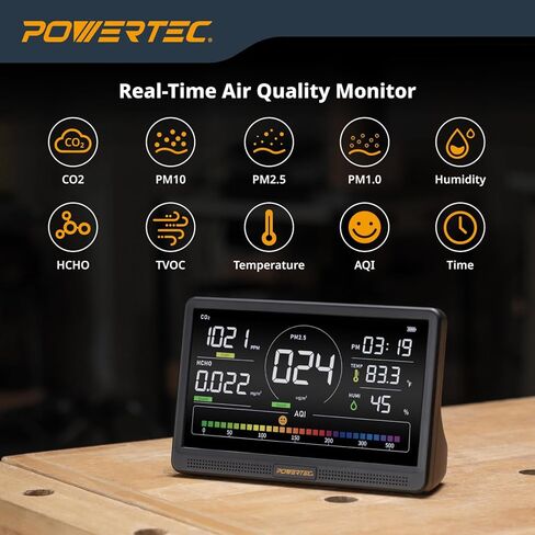 شاشة مراقبة جودة الهواء POWERTEC AD1001 مع شاشة LCD مقاس 7 بوصات - مستشعرات متعددة لثاني أكسيد الكربون، PM2.5، PM10، HCHO، كاشف TVOC، مستشعرات NDIR، مراقب هواء داخلي/ورشة عمل قابل لإعادة الشحن in Saudi Arabia