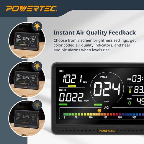 شاشة مراقبة جودة الهواء POWERTEC AD1001 مع شاشة LCD مقاس 7 بوصات - مستشعرات متعددة لثاني أكسيد الكربون، PM2.5، PM10، HCHO، كاشف TVOC، مستشعرات NDIR، مراقب هواء داخلي/ورشة عمل قابل لإعادة الشحن in Saudi Arabia
