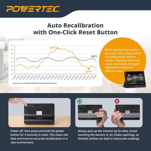 شاشة مراقبة جودة الهواء POWERTEC AD1001 مع شاشة LCD مقاس 7 بوصات - مستشعرات متعددة لثاني أكسيد الكربون، PM2.5، PM10، HCHO، كاشف TVOC، مستشعرات NDIR، مراقب هواء داخلي/ورشة عمل قابل لإعادة الشحن in Saudi Arabia