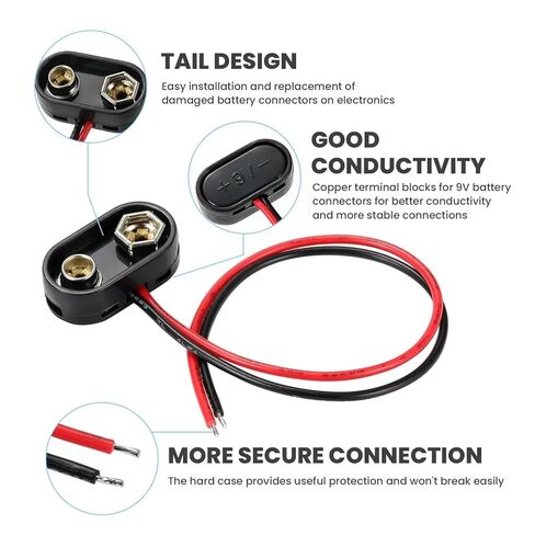 10 قطع من موصلات مشبك بطارية 9 فولت على شكل حرف T من Fengpeng، وصلة كابل طويلة، هيكل صلب، أسود وأحمر in Kuwait