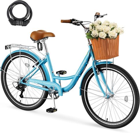 دراجة Naizea Womens - دراجة 7 Speed ​​Beach Cruiser للنساء ، 24 26 بوصة مع سلة ورف رف ، دراجة للبالغين ، دراجة نسائية للانتقال ، خطوة عبر دراجات المدينة للنساء البالغين in Kuwait
