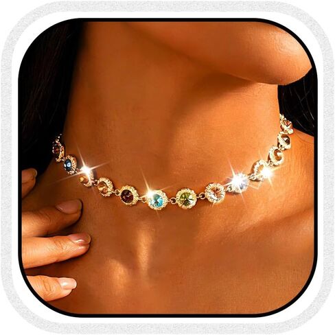 CLOACE Colorful Crystal Choker Necklace Sparkly Rhinestone Chokers Necklaces Chain Party Prom Neck Jewelry for Women in Kuwait