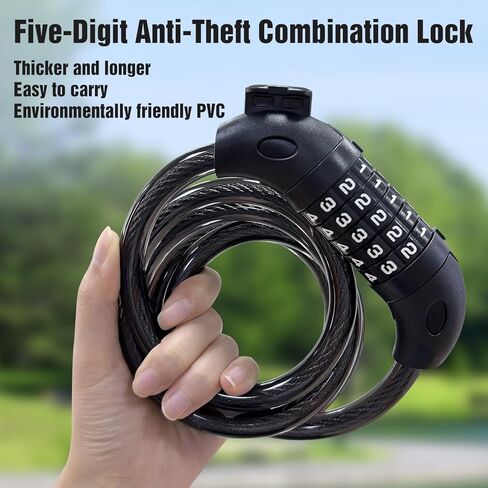 Bike Lock Cable, 5ft, Bike Lock with Combination, Suitable for Bicycles, Electric Scooters, Ebikes (Black-11mm) (Black) in Kuwait