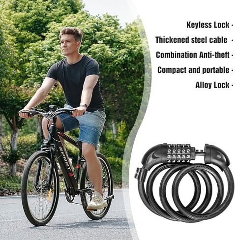 Bike Lock Cable, 5ft, Bike Lock with Combination, Suitable for Bicycles, Electric Scooters, Ebikes (Black-11mm) (Black) in Kuwait