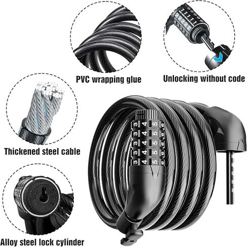 Bike Lock Cable, 5ft, Bike Lock with Combination, Suitable for Bicycles, Electric Scooters, Ebikes (Black-11mm) (Black) in Kuwait