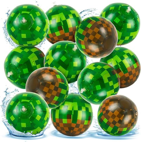 12 Pack Pixel Themed Beach Balls - 6 Inches Green and Brown Inflatable Floating Balls for Birthday Party Decorations, Summer Pool and Beach Game, and Bulk Birthday Party Favors in Kuwait