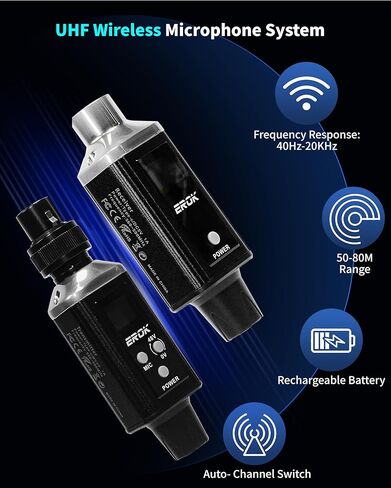 EROK Wireless XLR Transmitter & Receiver, 16-Channel 200FT Range Mic System Supports 48V Phantom Power, Adapter for Dynamic Mics/PA/Mixer (MW-6,Black) in Saudi Arabia