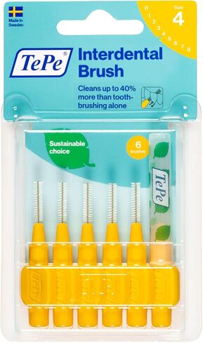 TePe Interdental Brush Original, Soft Dental Brush for Teeth Cleaning, Pack of 6, 0.7 mm, Medium Gaps, Yellow, Size 4 in Kuwait
