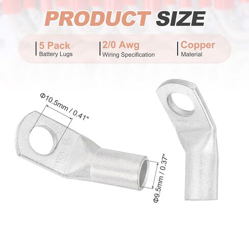 MECCANIXITY 2/0 AWG - 7/16" Copper Wire Lugs, 45 Degree Bent Battery Cable Ends Battery Lugs Ring Terminals Connectors Bare Copper Eyelet for Marine Electrical Supplies (Silver, 5Pcs) in Saudi Arabia
