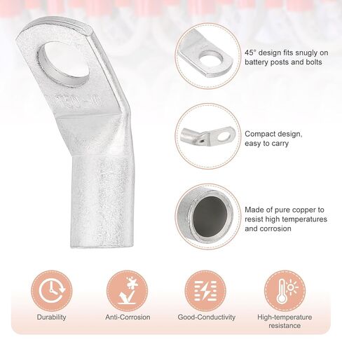 MECCANIXITY 2/0 AWG - 7/16" Copper Wire Lugs, 45 Degree Bent Battery Cable Ends Battery Lugs Ring Terminals Connectors Bare Copper Eyelet for Marine Electrical Supplies (Silver, 5Pcs) in Saudi Arabia