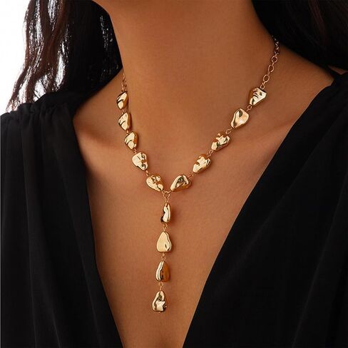 Chunky Gold Teardrop Y Necklace for Women Silver Long Waterdrop Bead Pendant Necklace Adjustable Irregular Beads Drop Necklace Jewelry Accessories in Kuwait