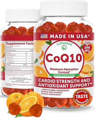 Lunakai USA Made CoQ10 Gummies for Adults 200mg – Coenzyme Q10 for Heart Health, Cellular Energy & Aging Support – Non-GMO, Vegan, 60ct in Kuwait