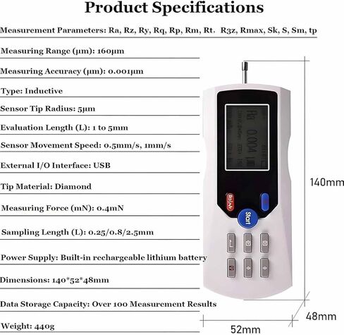 ERICAT Metal Roughness Measuring Instrument, Handheld Surfaces Roughness Tester Meter with 13 Parameters, 160 Μm Measuring Range and High Precision 0.001μm, Suitable for Roughness Detection in Saudi Arabia