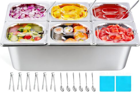 Cold Ice Food Serving Display tray 6 Pan 2 Ice Packs 6 Clear Lids Cooled Condiment Container Dispenser Salad Cold Serving Buffet Server Cooler Spice Food Display Sauce Organizer for Buffet in Kuwait