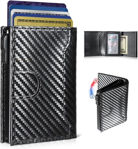Wallet for Men, Slim Minimalist Mens Wallet for RFID Blocking, Front Pocket Credit Card Holder Wallets with ID Window, Smart Pop Up Metal Aluminum Case Gift for Men, Carbon Fiber Black in Kuwait