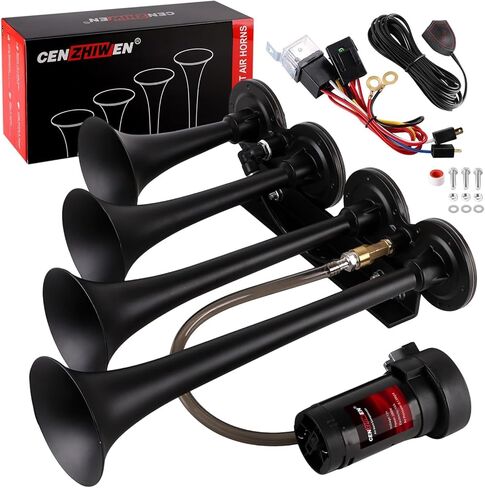 150db Truck Air Horn,4 Trumpet Horns Train Horn Kit for Truck 12V Super Loud Air Horns with compressor suitable for pickup/motorhome/SUV/truck/train(4-Trumpet with Air Compressor 12V and button) in Kuwait