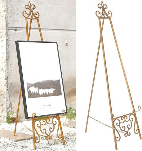 20"L x 26.75"W x 56.5"H Large Easel Stand for Display, Adjustable Heigh Metal Gold Easel Stand with Chain Support, Heavy Duty Easel for Mirror, Sign, Wedding, Picture Frame. (No Installation Required) in Saudi Arabia