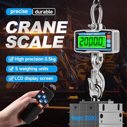 Fockety Digital Crane Scale, 2000kg 4400lbs Industrial Hanging Scale LCD Display Crane 0.8 Inch 5 Digit Mini with Hooks for Farm Fishing Outdoor in Saudi Arabia